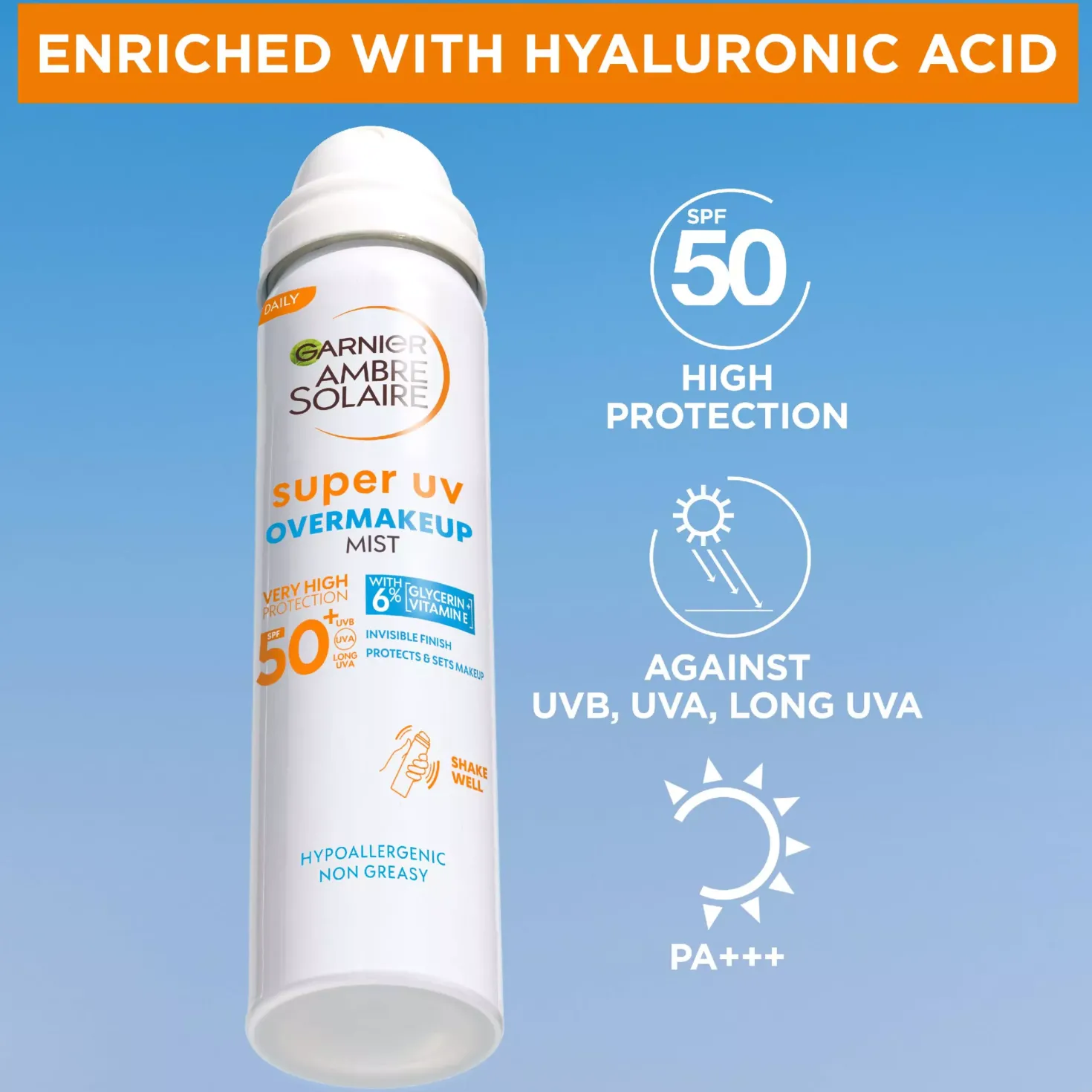 GarnierAmbre Solaire Super UV Over Makeup Mist with Hyaluronic Acid SPF50+ 75 ml