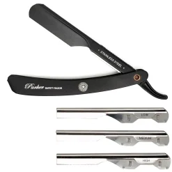 Parker Shaving PTABK Adjustable Push w. 3 blade option Metal Black Barber/Straight Razor