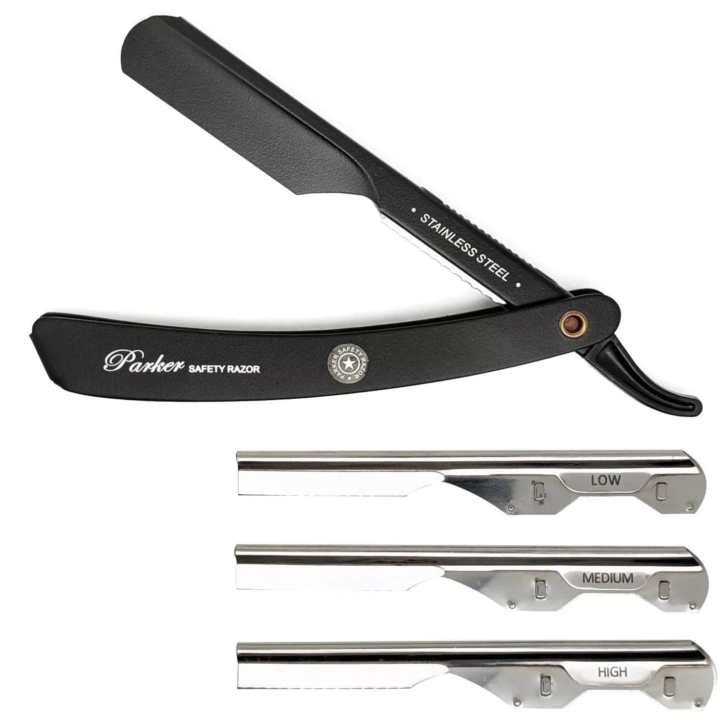 Parker Shaving PTABK Adjustable Push w. 3 blade option Metal Black Barber/Straight Razor
